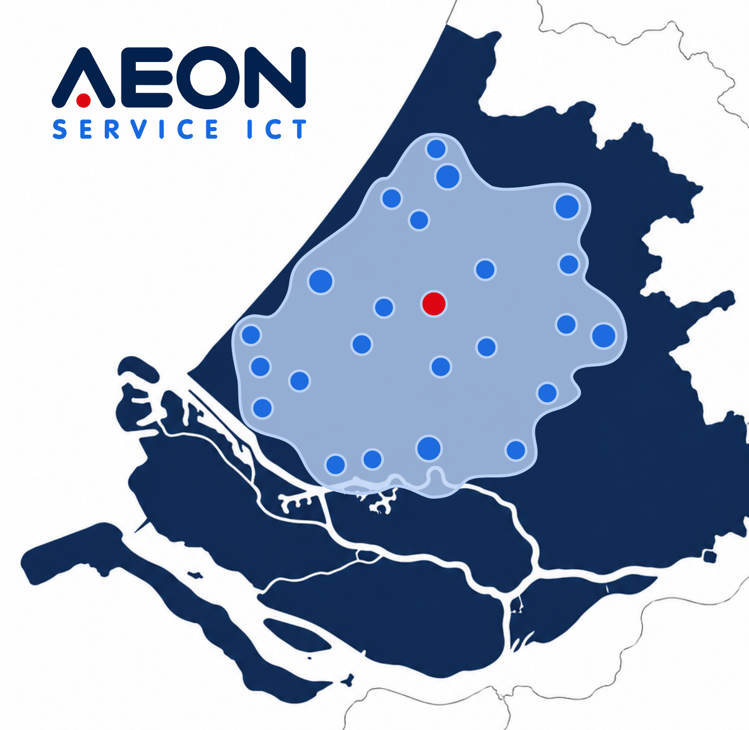 Kaart van Zuid-Holland met aanrijdtijden voor het werkgebied van AEON Service ICT